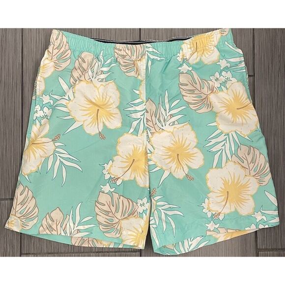 Lands' End Men's Green & Yellow Tropical Floral Swim Trunk with Lining Size XL - Picture 1 of 3